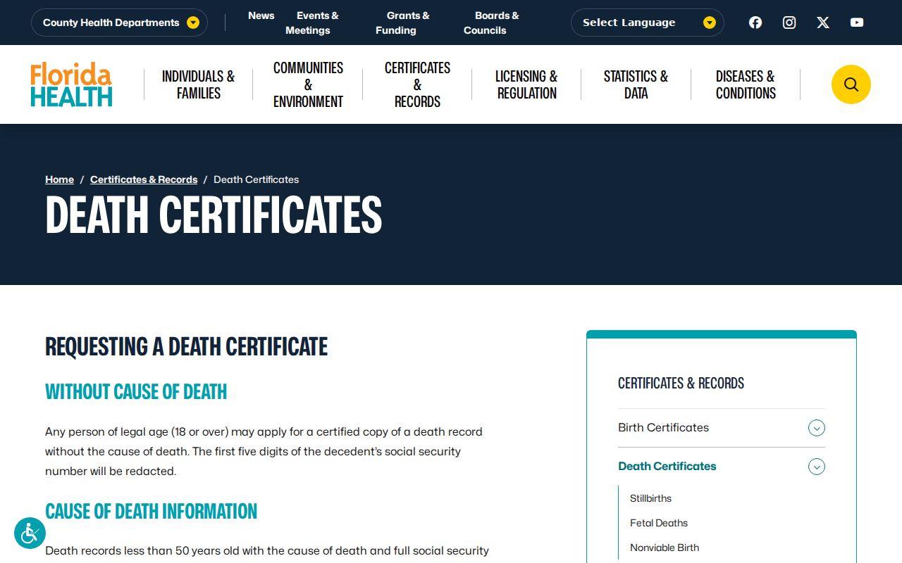 Florida death certificate access page for confirming a former Sunrise resident