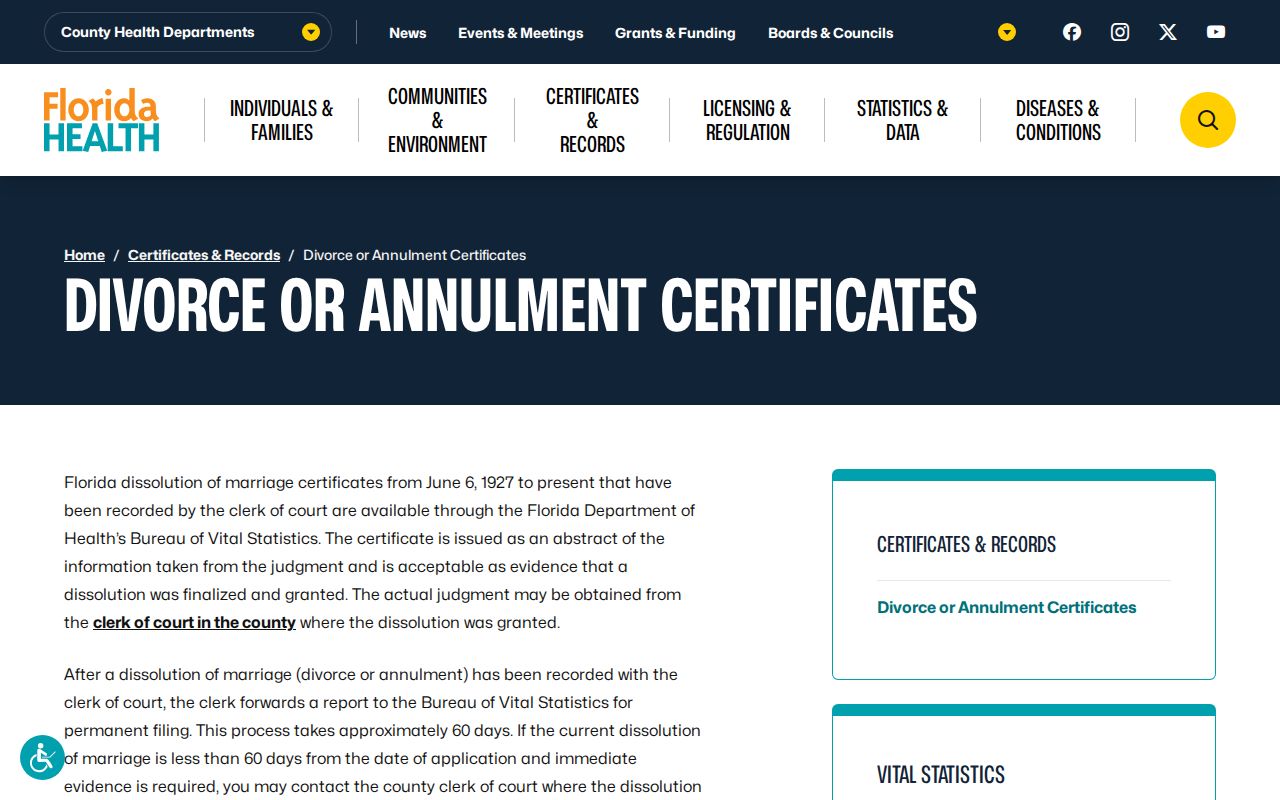Florida dissolution certificate page for researching previous residents of a Sunrise address