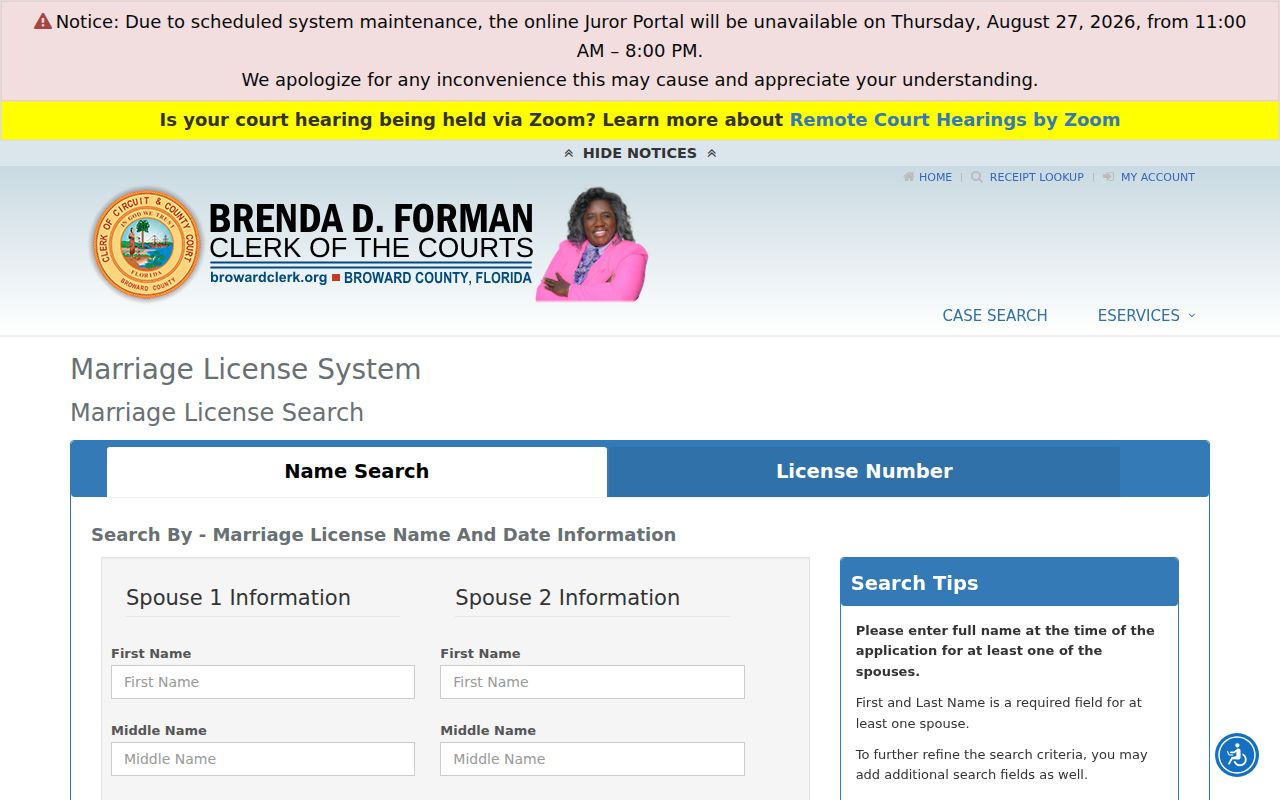 Broward marriage license name search for verifying a Sunrise resident's recorded marriage