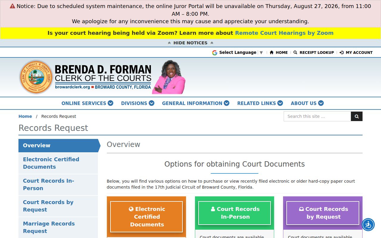 Broward Clerk court records request page used for Sunrise resident verification