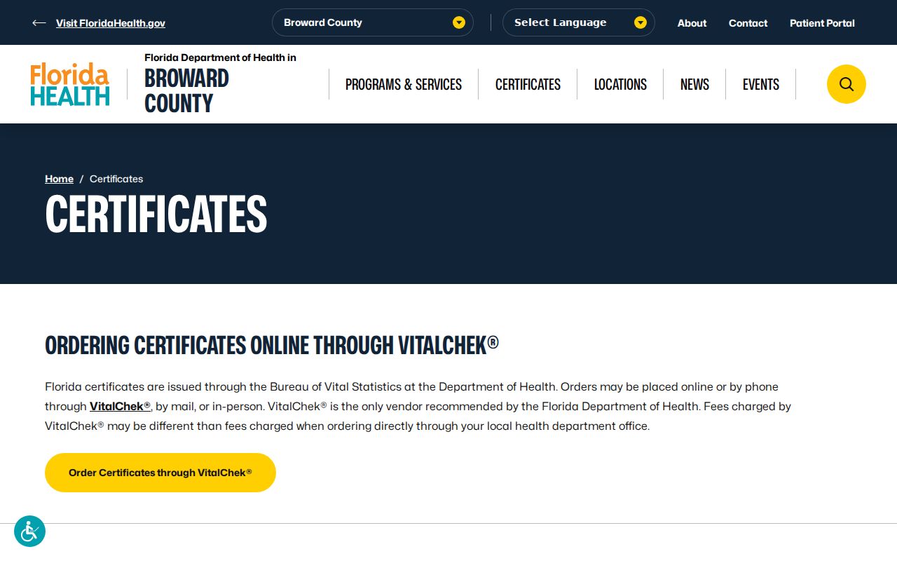 DOH-Broward vital records page for Sunrise birth and death certificate requests